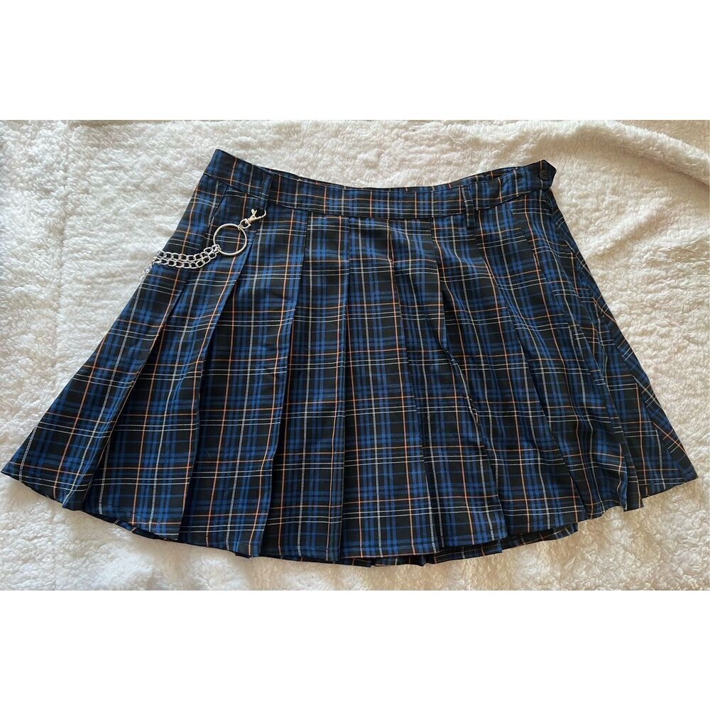 Social Collision® Blue & Orange Plaid Pleated Skirt With Chain Plus Size 1